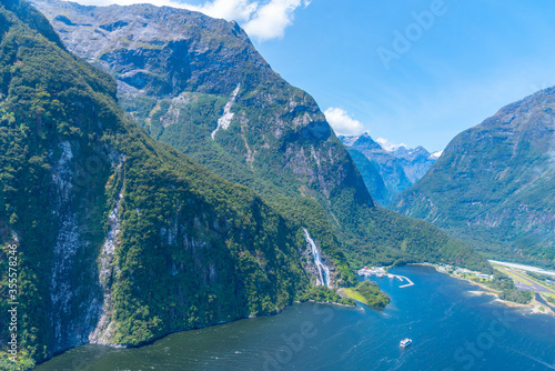 Aerial view of Milford sound in New Zealand