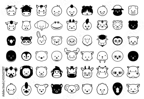 Various Animal Heads Black and White Cute Cartoon Vector Illustration