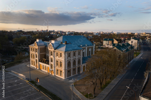 Beautiful eclectic synagogue in the city center in the evening, aerial photography