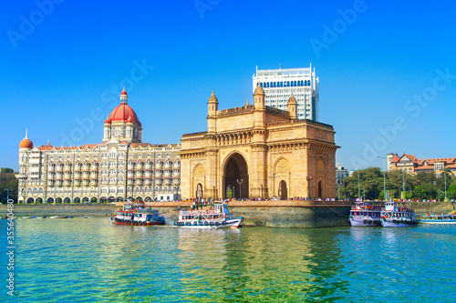 The Gateway of India and boats as seen from the Mumbai Harbour in Mumbai, India