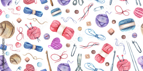 Seamless pattern with watercolor knitting elements: yarn, knitting needles and crochet hooks, hand drawn knitting elements isolated on a white background.
