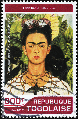 Self-portrait with animals by Frida Kahlo on stamp