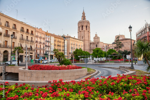 Cathedral in Valencia viewed from Plaza de la Reina, Spain