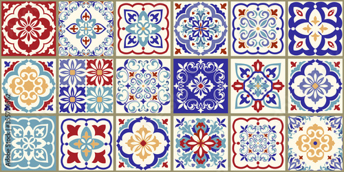 Collection of 18 ceramic tiles in turkish style. Seamless colorful patchwork from Azulejo tiles. Portuguese and Spain decor. Islam, Arabic, Indian, Ottoman motif. Vector Hand drawn background