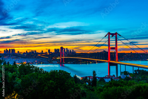 ISTANBUL, TURKEY. Panoramic view of Istanbul Bosphorus on sunset. Istanbul Bosphorus Bridge (15 July Martyrs Bridge. Turkish: 15 Temmuz Sehitler Koprusu). Beautiful cloudy blue sky. 