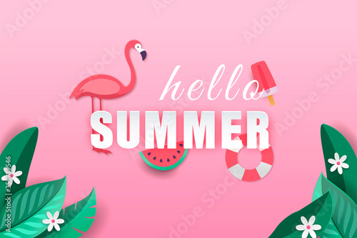Hello summer with decoration pink paper and craft style. Watermelon, flemish