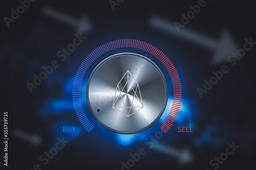 Eos Symbol. 3D Illustration of Blue Metallic eos Logo on the Blue Digital Background, indicating to buy