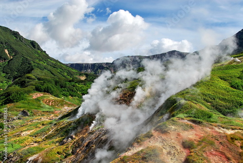 Russia. Kamchatka. The mountains and fumaroles of the Valley of Geysers.