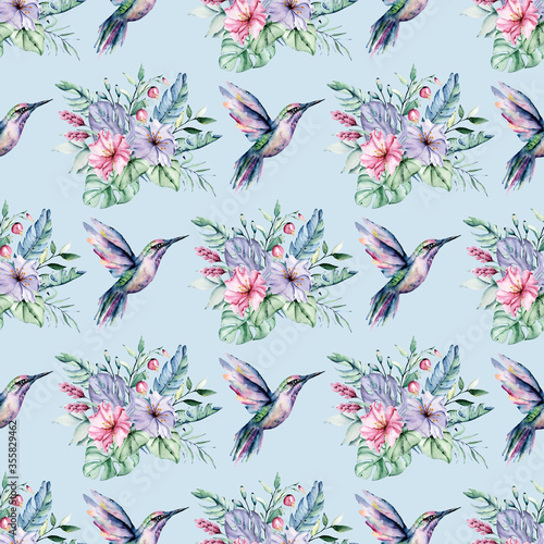 Seamless background, floral pattern with watercolor hummingbird. Repeat fabric wallpaper print texture. Perfectly for wrapped paper, backdrop, frame or border. 