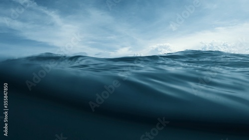 Wave on moving water surface close up in the middle of the screen. Under Water Surface in the middle of the sea