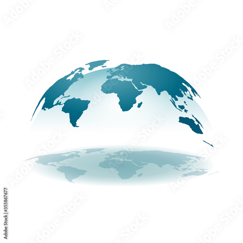 Worl map 3D - spherical projection of earth continets with transparent hemisphere and reflection shadow - isolated vector icon or infographics element