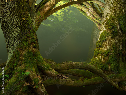 Old mossy trees with crooked branches and roots. Composed as a frame or fairytale gates to forest.