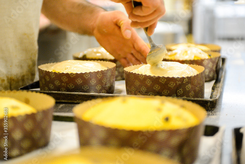 pastry chef in professional kitchen preparing and baking milanese panettone in christmas time. Panettone is a fruity sugary bread cake from Milan, Lombardy Italy tipical for the christmas and new year
