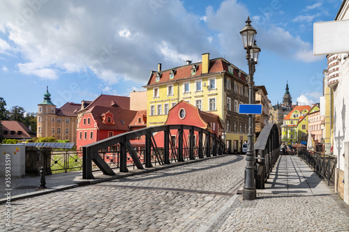 Klodzko, Poland. View of Iron Bridge (Most Zelazny) and buildings of Old Town
