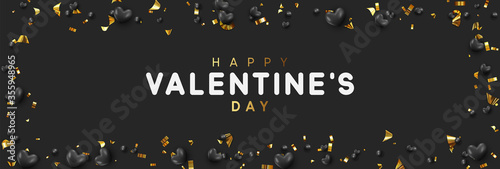 Background with black hearts and round beads strewn with golden confetti. Happy Valentines Day vector illustration.