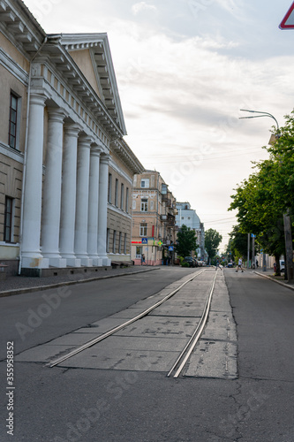 Kyiv (Kiev), Ukraine - June 07, 2020: The end of the tramway railing on the street, near the popular touristic place "Kontraktova Ploscha" Square