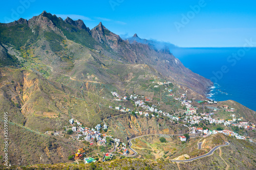 View of Taganana Village with Anaga Mountains from Leon de Taganana viewpoint - Santa Cruz de Tenerife, Canary Islands - Spain