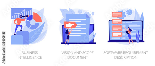 Company activity stats automation. Paperwork optimization. Business intelligence, vision and scope document, software requirement description metaphors. Vector isolated concept metaphor illustrations