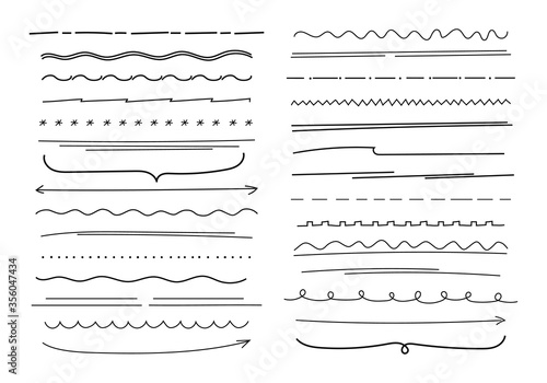 Hand drawn lines set elements. Curved drawn pencil straight lines wavy arrow abstract zigzags snowflakes in raw rough graphic ink stripes scruffy ornament . Vector doodle style