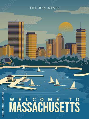 Massachusetts is on a tourist poster. Vintage lighthouse. The east state of the US. Boston area. Printable card for tourists in vintage and retro style