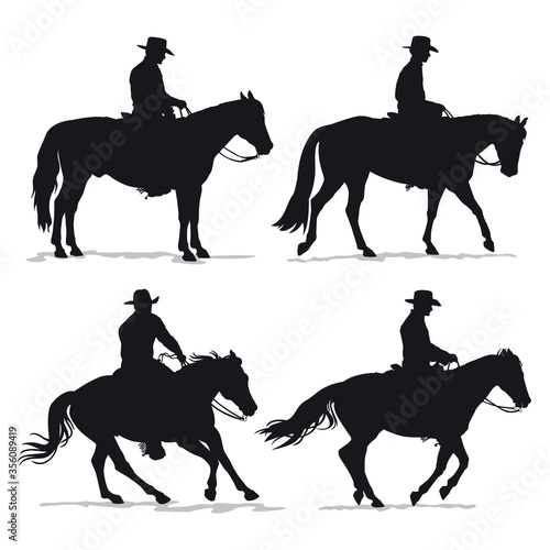 Set of cowboy and horse silhouettes - Western riding discipline Reining vector collection