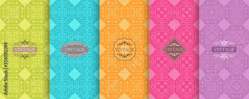 Set of Cute bright seamless patterns with frames. Seamless patchwork in turkish style on vibrant background. Islam, Arabic, Indian, ottoman motifs. Vector hand drawn illustration.