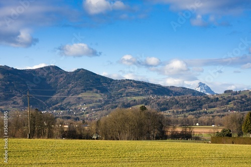Scenic view on Alps in summer morning, Nussbach,