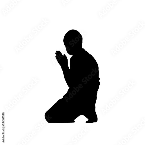 Silhouette schwarzweiß Junge Buddhist Mönch Novize Gebet beten, barfuß hinhocken, knien Religion religiös, Gott Tradition Meditation Hingabe Andacht Bitten Erziehung konzentriert asiatisch, Asien