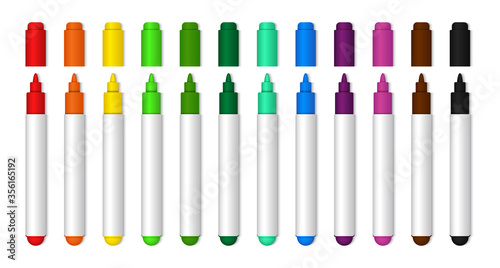 Colorful marker pen for school or kids. Realistic highlighter pencil of yellow, black, green, blue, orange color for drawing. Stationery closed markers collection isolated. vector.