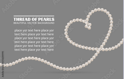 Shiny oyster pearls for luxury accessories. Pearl necklace thread of pearls. Realistic white pearls isolated on background. Beautiful natural heart shaped jewelry. Chains of pearls forming an ornament