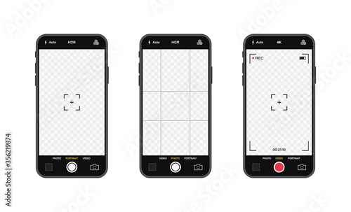 Mobile phones with camera interface. Mobile app application. Photo and video screen. Vector illustration graphic design