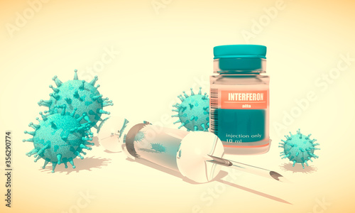 Medicine vial, viruses and syringe. Bottle label with interfeeron alfa. Medical concept. 3D rendering