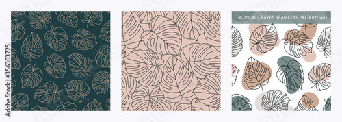 Set of Tropical Monstera Leaves Seamless Pattern. Vector floral background in a trendy minimalistic linear style