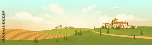 Autumn in hilltop village flat color vector illustration