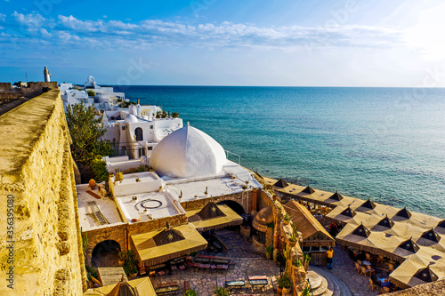 Tunisia, Cap Bon. Hammamet. Typical white roofs of the medina