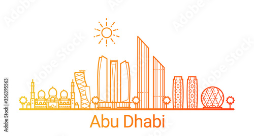 Abu Dhabi city colored gradient line. All Abu Dhabi buildings - customizable objects with opacity mask, so you can simple change composition and background fill. Line art.