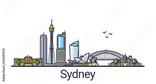Banner of Sydney city skyline in flat line trendy style. Sydney city line art. All buildings separated and customizable.