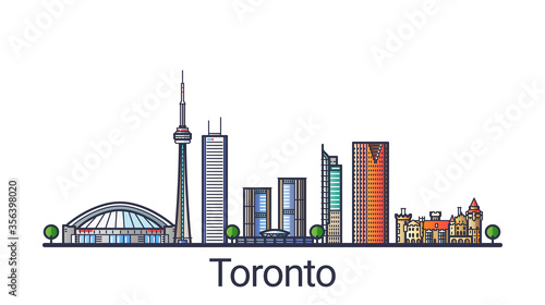 Banner of Toronto city skyline in flat line trendy style. Toronto city line art. All buildings separated and customizable.