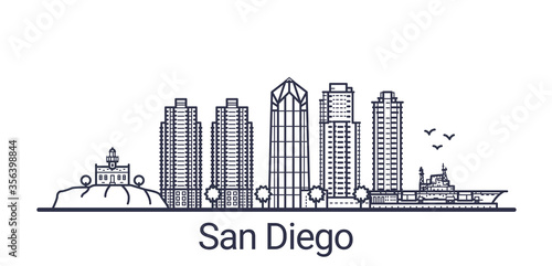 Linear banner of San Diego city. All buildings - customizable different objects with clipping mask, so you can change background and composition. Line art.