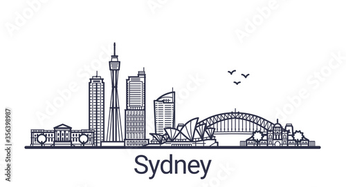Linear banner of Sydney city. All Sydney buildings - customizable objects with opacity mask, so you can simple change composition and background fill. Line art.