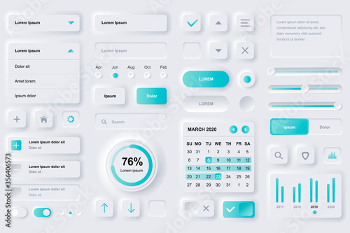 User interface elements for finance mobile app. Financial analytics, time management and planning gui templates. Unique neumorphic ui ux design kit. Manage, navigation, search form and components.