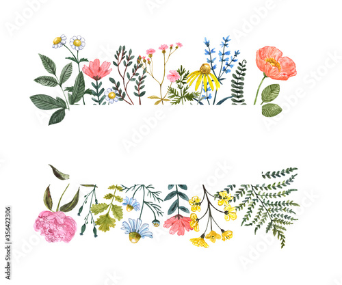 Summer wildflower frame, watercolor illustration. Floral border with blank space for text. Hand drawn pink, yellow, blue meadow flowers and herbs on white background. Botanical banner