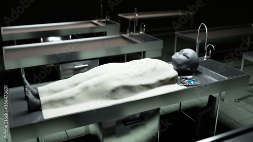The dead alien in the morgue on the table. Futuristic autopsy concept. 3d rendering.