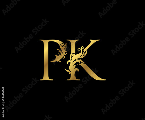 Vintage Gold P, K and PK Letter Floral logo. Classy drawn emblem for book design, weeding card, brand name, business card, Restaurant, Boutique, Hotel.
