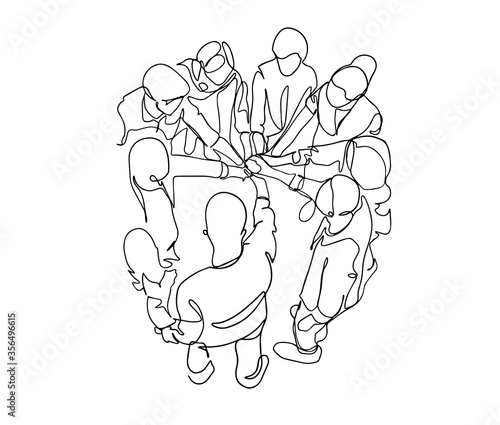 Top view continuous line drawing of young business group holding hand together. Business teamwork concept - single line drawing vector. continuous line drawing of team holding hands together. Vector.