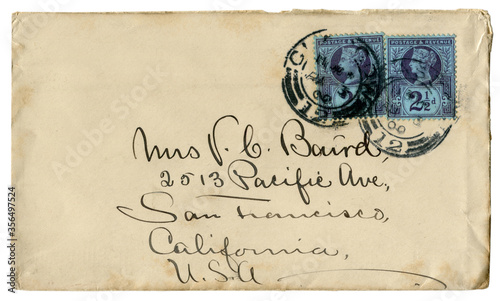 British historical letter from Glasgow, Scotland To San Francisco, California, The USA — 11 august 1900: envelope: with postage stamp Queen Victoria 2,5 d 