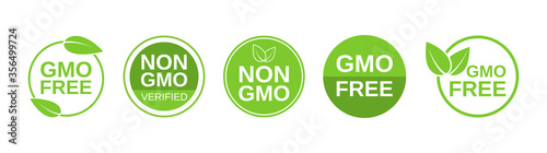 GMO free icons. Non GMO label set. Healthy organic food concept. No GMO design elements for tags, product packag, food symbol, emblems, stickers. Vegan, bio. Vector illustration