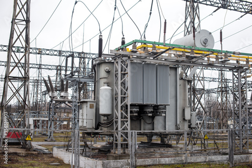 Power transformer at the electrical substation. Power engineering. Industry 