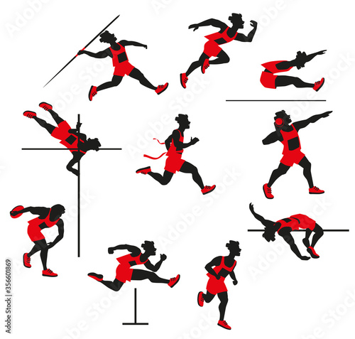 Decathlon. Vector illustration, clip art, cartoon. Sportsman, man, athlete, sport, marathon, silhouette isolated on white background.