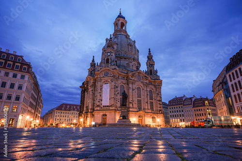 The church "Frauenkirche" in the city Dresden, Germany in the evening.